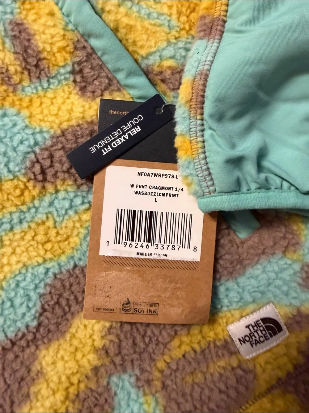 The North Face Womens Sz Large  Cragmont Camo 1/4 Snap Fleece Jacket Yellow Teal